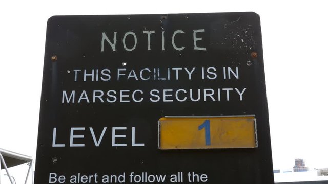 MARSEC Security Level 1 sign. Wall St Ferry Terminal, Manhattan, New York City, USA.