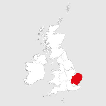 East of england marked red on united kingdom map vector. Light gray background.