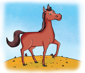 line art & Drawing of cute horse in a standing position on a grass / forest.