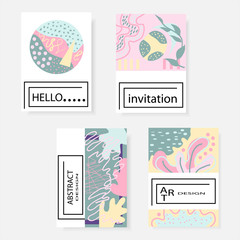 Set of artistic creative universal cards. Hand drawn texture. Design for poster, postcards, invitations, brochures, leaflets. Bright geometric pattern with doodles elements painted with brush. Vector.