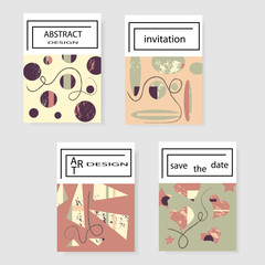 Set of artistic creative universal cards. Hand drawn texture. Design for poster, postcards, invitations, brochures, leaflets. Bright geometric pattern with doodles elements painted with brush. Vector.