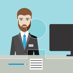 Man man clerk in a bank. Flat vector.