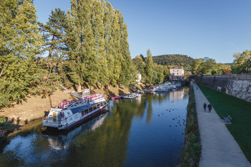 Fototapeta na wymiar River with cruise ship in a sunny day in a French town