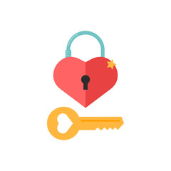 Love icons with heart lock and key. Romantic elements of love lock. Valentines day stickers with symbols of romantic message and virginity. Vector illsutration in flat design