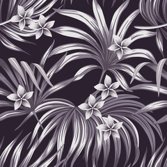 Tropical flower plumeria floral palm leaves seamless pattern dark purple background. Exotic jungle wallpaper.