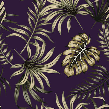  Tropical floral foliage dark green palm leaves seamless pattern purple background. Exotic jungle wallpaper.