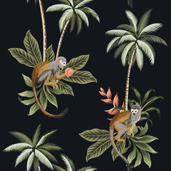 Tropical vintage floral night landscape, dark palm trees, plant, monkey animals seamless pattern black background. Exotic jungle wallpaper. © good_mood