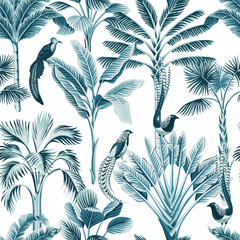 Tropical vintage blue bird, palm tree, banana tree and plant floral seamless pattern white background. Exotic jungle safari wallpaper.
