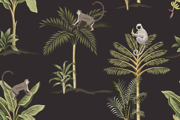 Tropical vintage night botanical landscape, green palm tree, sloth, monkey floral seamless pattern dark background. Exotic jungle wallpaper.