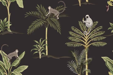 Foto op Plexiglas Vintage stijl Tropische vintage nacht botanische landschap, groene palmboom, luiaard, aap naadloze bloemmotief donkere achtergrond. Exotisch junglebehang.
