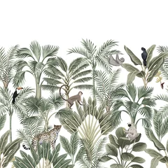 Acrylic prints Vintage botanical landscape Tropical vintage botanical landscape, palm tree, banana tree, plant, sloth, monkey, leopard, black parrot, toucan floral seamless border white background. Exotic green jungle animal wallpaper.