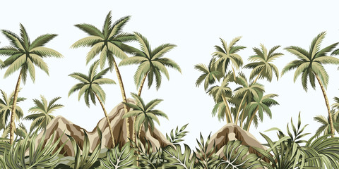 Tropical vintage botanical landscape, mountain, palm tree, plant, palm leaves floral seamless border blue background. Exotic green jungle wallpaper.