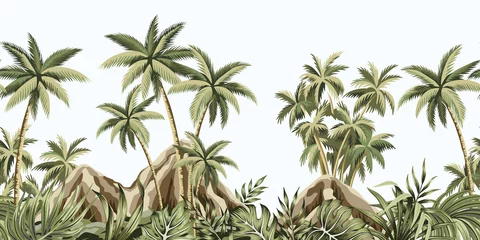 Crédence en verre imprimé Paysage botanique vintage Paysage botanique vintage tropical, montagne, palmier, plante, feuilles de palmier floral fond bleu frontière transparente. Fond d& 39 écran exotique de la jungle verte.