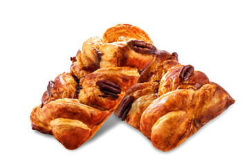 Maple and pecan plait Danish pastry on a white isolated background