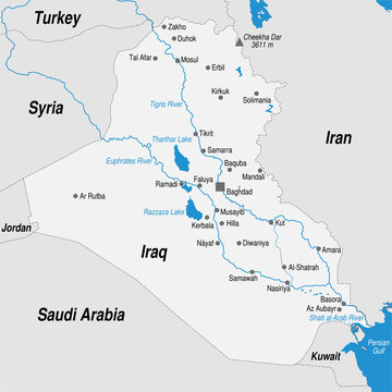 Political map of the Republic of Iraq with the most important cities marked in gray and blue tones.