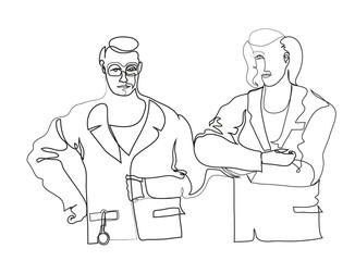  One continuous line drawing of medical workers working together. Simple line art drawing two medical workers.