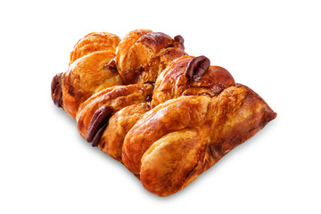 Maple and pecan plait Danish pastry on a white isolated background