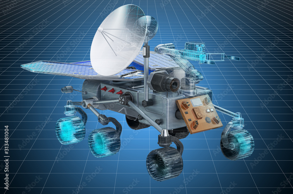 Poster visualization 3d cad model of planetary rover, engineering concept. 3d rendering