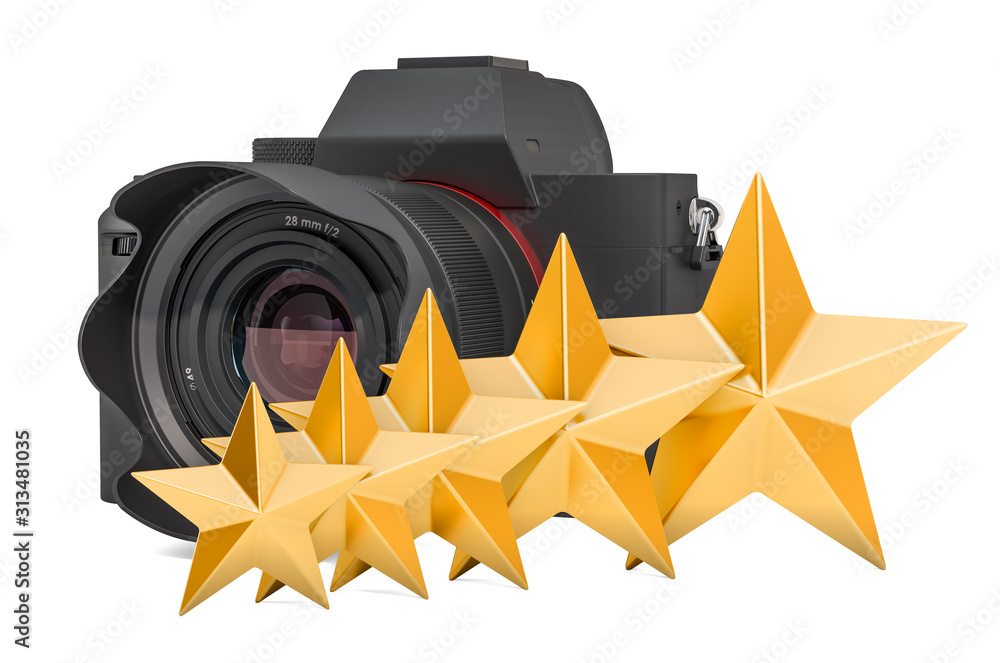 Poster digital camera, 5 stars rating concept. 3d rendering