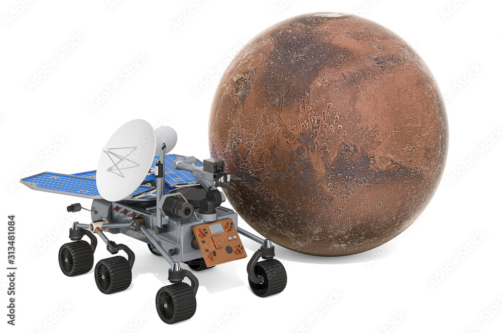 Poster mars rover, planetary rover with mars planet. 3d rendering