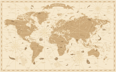Fototapeta na wymiar World Map Vintage Cartoon Detailed - vector
