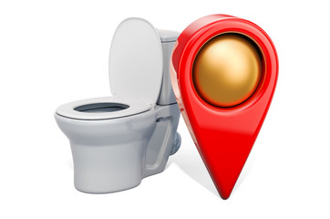 Map pointer with toilet. WC location concept, 3D rendering