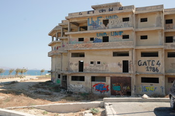 abandoned house near the sea. graffiti, street wall painting