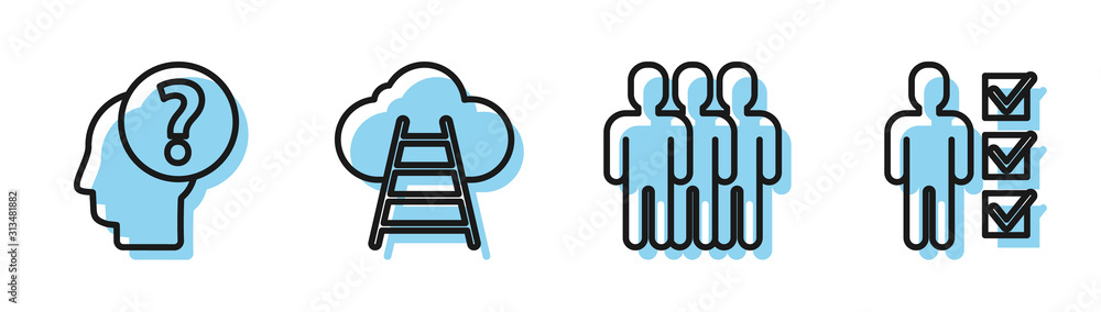 Poster set line users group, human head with question mark, ladder leading to cloud and user of man in busi