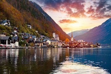 Beautiful sunset in Hallstatt village on Hallstatter lake in Austrian Alps
