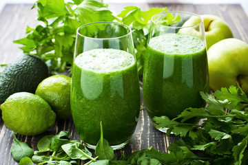 Healthy green smoothie,  selective focus