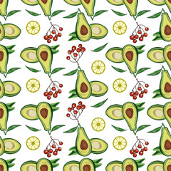 Seamless pattern with avocados on a white background. Vector illustration.