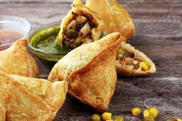 Vegetarian samsa or samosas.Indian special traditional street food fried punjabi samosa or Coxinha,...