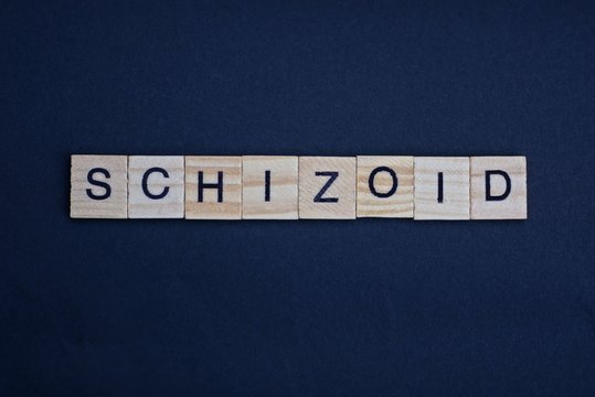 word schizoid made from brown wooden letters lies on a black table
