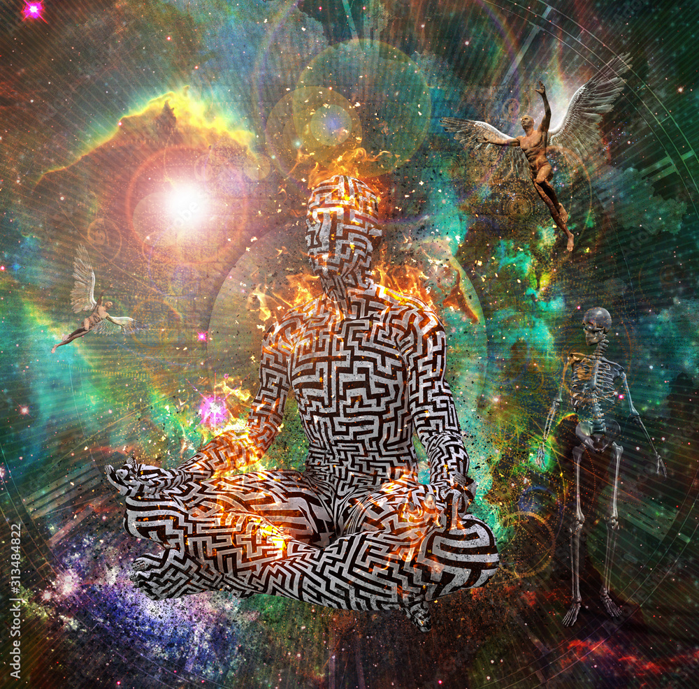 Poster surrealism. figure of man with maze pattern in lotus pose in flames. men with wings represents angel