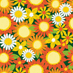 Vector colorful yellow and orange textured sunflowers pen sketch repeat pattern. Suitable for textile, gift wrap and wallpaper.