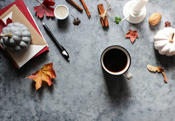 Autumn mood. Flat lay concept. Copy space.