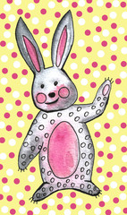 Cute bright pink bunny and spots. Funny cartoon watercolor rabbit with heart