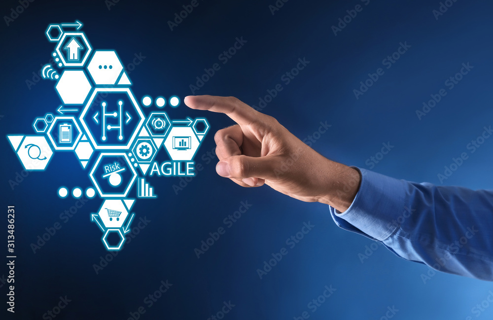 Poster businessman using virtual screen on color background