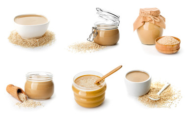 Tasty tahini on white background