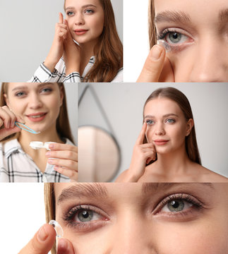 Collage of photos with young woman putting in contact lens