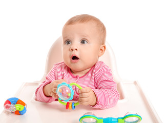 Portrait of cute little baby sitting in high-chair against white background
