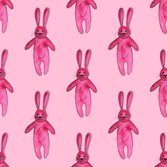 Cute bright pink bunny seamless pattern. Funny cartoon watercolor rabbit with heart