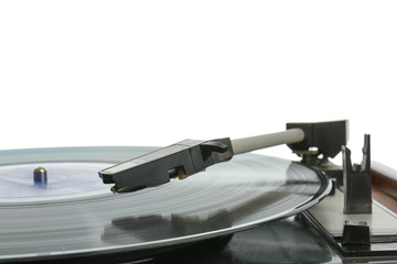 Fototapeta na wymiar Record player with vinyl disc on white background, closeup