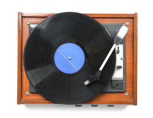 Record player with vinyl disc on white background