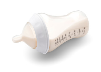 Bottle of milk for baby on white background
