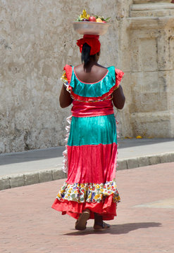 Fruit Seller with traditional costume. Palenquera in Cartagena, Colombia