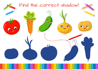 Find the correct shadow! Educational mini-game for children. Set funny of vegetables with kawaii face. Tomato, cucumber, potato, onion, carrot. Sticker, postcard, scrapbooking, products for children.