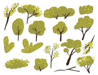 Hand drawn trees set. Green plants, branches and bushes, summer woods collection. Vector flat illustration isolated on white background