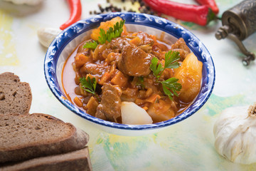 Beef goulash served in bowl