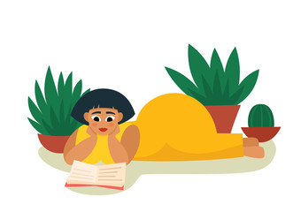 Vector illustration with plump woman reading book isolated on white